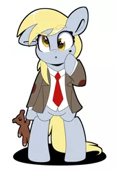 Size: 2696x4000 | Tagged: safe, artist:partylikeanartist, derpibooru import, derpy hooves, pegasus, pony, bipedal, clothes, crossover, elbow pads, female, image, jacket, looking at you, mole, mr bean, necktie, png, simple background, solo, suit, teddy bear, tweed jacket, white background