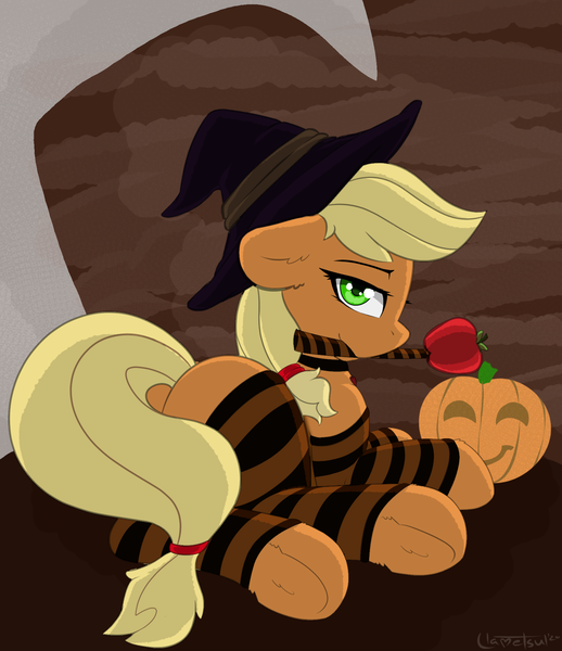 Size: 1776x2059 | Tagged: safe, artist:llametsul, derpibooru import, applejack, earth pony, pony, apple, applebutt, bedroom eyes, butt, clothes, collar, ear fluff, female, food, frog (hoof), hat, image, looking at you, looking back, looking back at you, mare, moon, mouth hold, nightmare night, plot, png, pumpkin, rear view, signature, simple background, socks, solo, stockings, striped socks, thigh highs, underhoof, witch hat