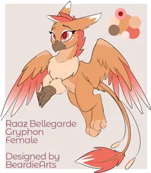 Size: 1231x1408 | Tagged: safe, artist:beardie, derpibooru import, edit, oc, oc:raaz, unofficial characters only, gryphon, adoptable, chest fluff, eared griffon, female, gray background, griffon oc, image, no source available, pale belly, png, reference sheet, simple background, solo, spread wings, text, wings