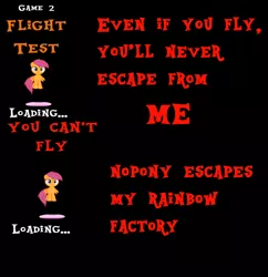 Size: 710x732 | Tagged: safe, artist:pagiepoppie12345, derpibooru import, scootaloo, fanfic:rainbow factory, breaking the fourth wall, creepypasta, evil, .exe, image, jumping, no escape, png, rainbow.exe, taunting, title card