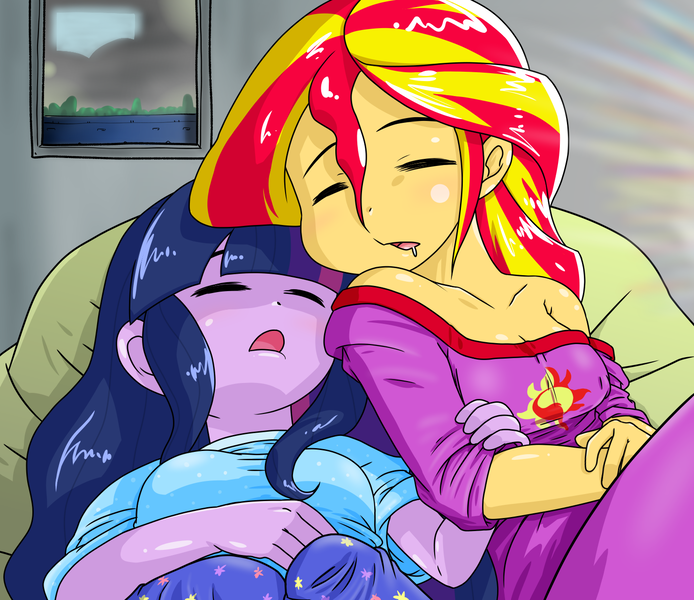 Size: 1480x1280 | Tagged: safe, artist:batipin, derpibooru import, sci-twi, sunset shimmer, twilight sparkle, equestria girls, breasts, cleavage, drool, eyes closed, image, png, sleeping