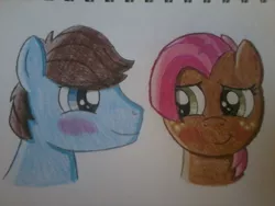 Size: 1024x768 | Tagged: safe, artist:miss-barker, derpibooru import, babs seed, chip mint, rain catcher, earth pony, pegasus, pony, adorababs, blushing, chipabetes, chipseed, colored pencil drawing, colt, cute, eye contact, female, filly, freckles, image, jpeg, looking at each other, male, shipping, simple background, straight, traditional art, white background