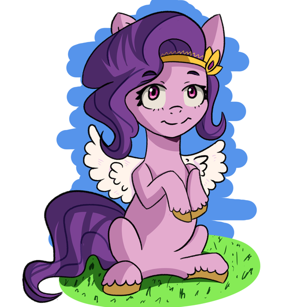 Size: 2000x2000 | Tagged: safe, artist:artiks, derpibooru import, pipp petals, pegasus, pony, female, g5, grass, high res, image, looking at you, mare, png, raised hoof, sitting, solo, spread wings, unshorn fetlocks, wings