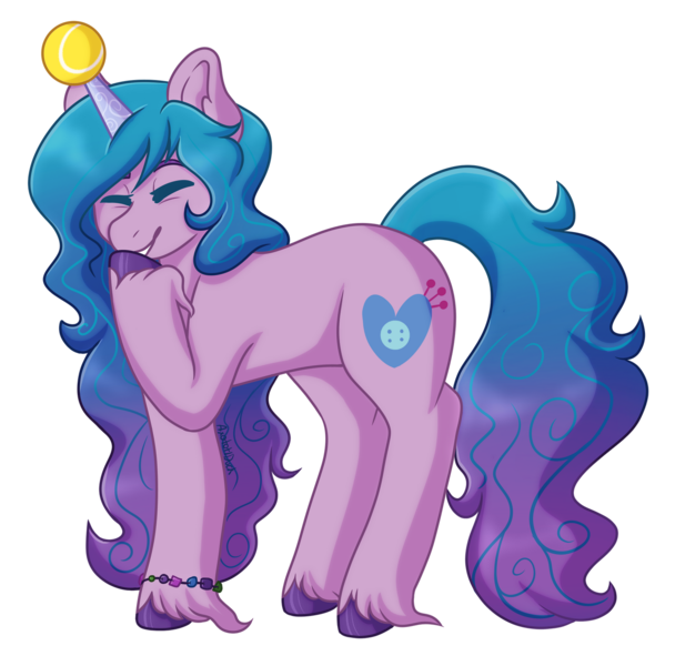 Size: 1280x1263 | Tagged: safe, artist:axototlduck, derpibooru import, izzy moonbow, pony, unicorn, eyes closed, female, g5, horn, horn guard, horn impalement, hornball, image, izzy's tennis ball, mare, png, simple background, solo, tennis ball, transparent background, unshorn fetlocks