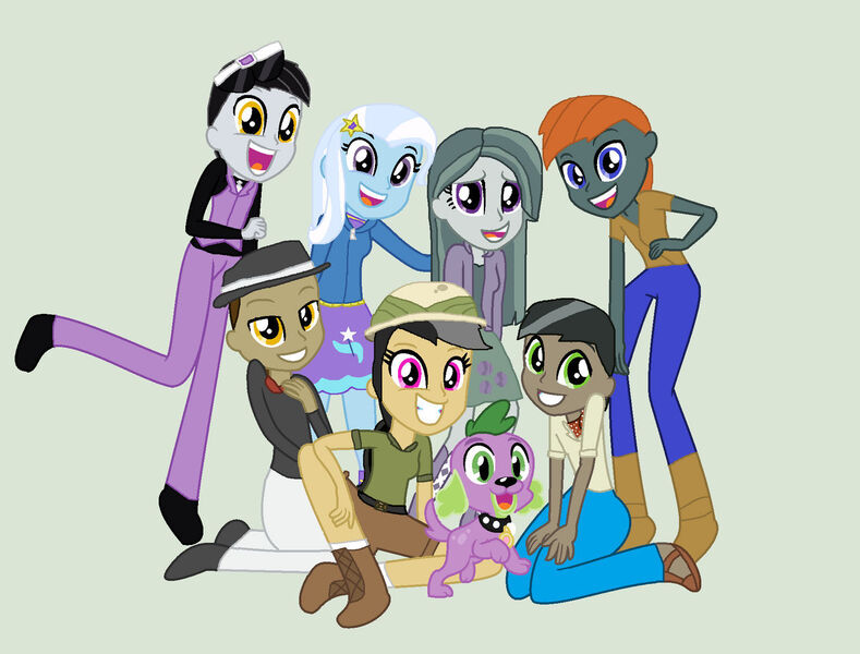 Size: 1280x973 | Tagged: safe, artist:diana173076, derpibooru import, biff, daring do, doctor caballeron, marble pie, rogue (character), spike, trixie, withers, dog, equestria girls, alternate universe, henchmen, image, jpeg, rule 63, spike the dog