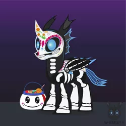 Size: 998x996 | Tagged: safe, artist:wheatley r.h., derpibooru import, oc, oc:w. rhinestone eyes, unofficial characters only, changeling, blue changeling, calavera, calaverita, candy, changeling oc, clothes, costume, derpibooru exclusive, dia de los muertos, face paint, food, gradient background, happy, image, jpeg, simple background, skeleton costume, solo, vector, watermark