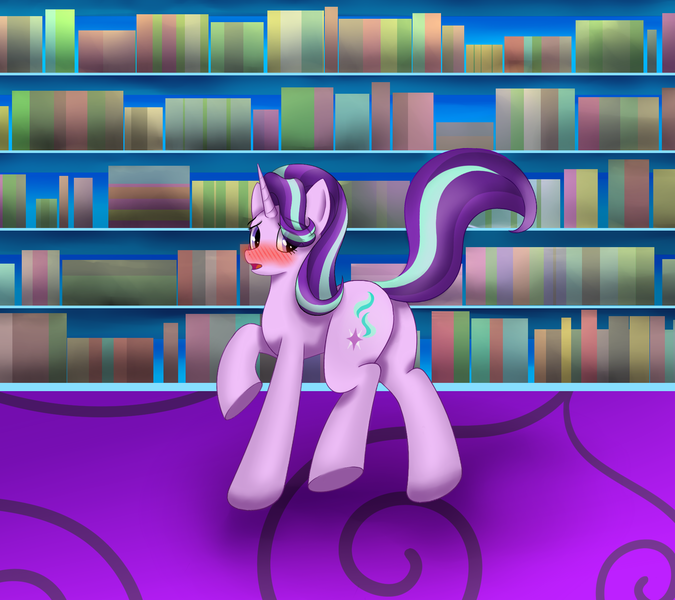 Size: 1800x1600 | Tagged: safe, artist:sane, derpibooru import, starlight glimmer, pony, unicorn, blushing, bookshelf, butt, castle, female, glimmer glutes, image, library, looking at you, mare, plot, png, raised leg, shy, solo