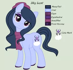 Size: 1280x1236 | Tagged: safe, artist:lominicinfinity, derpibooru import, oc, oc:sky lust, earth pony, pony, clothes, female, image, jpeg, mare, reference sheet, scarf, simple background, solo