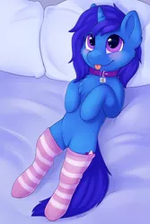 Size: 2000x3000 | Tagged: safe, artist:dbleki, derpibooru import, oc, oc:delly, pony, unicorn, :p, blushing, clothes, collar, female, image, lying down, on back, pet tag, png, socks, stockings, striped socks, thigh highs, tongue out