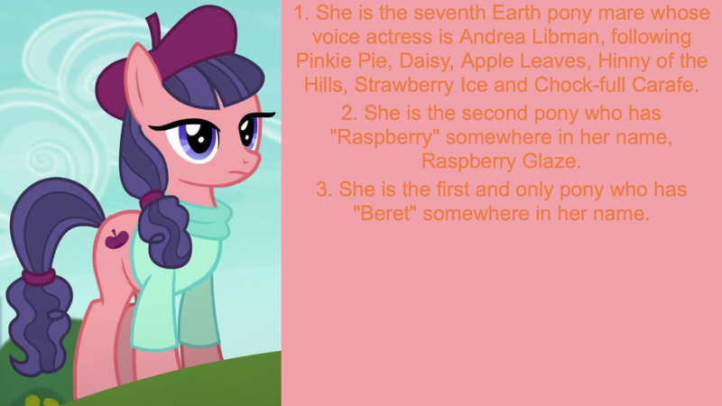 Size: 1920x1080 | Tagged: safe, derpibooru import, edit, edited screencap, editor:jaredking203, screencap, raspberry beret, earth pony, pony, made in manehattan, beret, facts, female, hat, image, mare, png