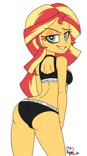 Size: 1163x2068 | Tagged: suggestive, artist:notenoughapples, derpibooru import, sunset shimmer, equestria girls, ass, backbend, black underwear, bra, breasts, bunset shimmer, butt, choker, clothes, crop top bra, heart eyes, image, looking at you, looking back, looking back at you, panties, png, sexy, simple background, smiling, solo, stupid sexy sunset shimmer, thighs, underwear, wingding eyes