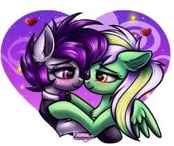 Size: 2001x1688 | Tagged: safe, artist:kruszyna25, derpibooru import, oc, oc:doppie, oc:gumdrops, earth pony, pegasus, pony, blushing, bowtie, commission, heart, holiday, image, png, valentine's day, ych result