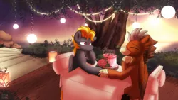 Size: 3840x2160 | Tagged: safe, artist:sugar morning, derpibooru import, oc, oc:digidash, oc:grimvale, unofficial characters only, gryphon, pegasus, pony, anniversary, cake, date, food, gay, griffon oc, image, love, male, pegasus oc, png, restaurant, romantic, sunset, tree, wings