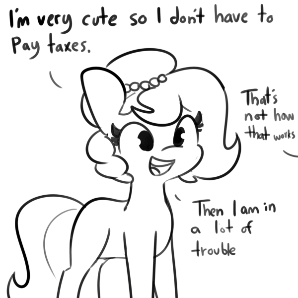 Size: 3000x3000 | Tagged: safe, artist:tjpones, derpibooru import, oc, oc:brownie bun, unofficial characters only, earth pony, pony, horse wife, cute, female, horse taxes, image, mare, monochrome, ocbetes, offscreen character, open mouth, png, simple background, smiling, solo, tax evasion, taxes, this will end in jail time, white background