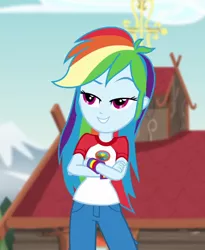 Size: 572x698 | Tagged: safe, derpibooru import, screencap, rainbow dash, equestria girls, legend of everfree, blue eyes, camp everfree outfits, clothes, cropped, crossed arms, cute, dashabetes, female, image, jeans, multicolored hair, pants, pink eyes, png, rainbow hair, raised eyebrow, shirt, smiling, solo, t-shirt, tomboy