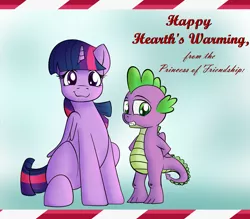 Size: 1600x1400 | Tagged: safe, artist:fig, derpibooru import, spike, twilight sparkle, twilight sparkle (alicorn), alicorn, dragon, pony, christmas, christmas card, cute, female, folded wings, hearth's warming, holiday, image, looking at you, male, mare, png, smiling, text, wings