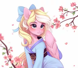 Size: 2000x1751 | Tagged: safe, artist:purrshen, derpibooru import, oc, oc:bay breeze, unofficial characters only, pegasus, pony, beautiful, blushing, bow, cherry blossoms, clothes, cute, female, flower, flower blossom, hair bow, image, kimono (clothing), looking up, mare, png, simple background, white background
