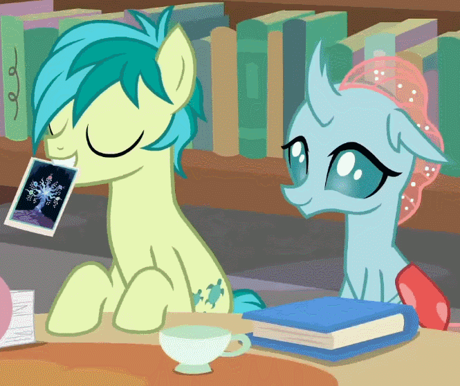 Size: 665x558 | Tagged: safe, derpibooru import, screencap, ocellus, sandbar, tree of harmony, changedling, changeling, earth pony, pony, what lies beneath, animated, book, bookshelf, cropped, cute, diaocelles, female, gif, image, male, mouth hold, sandabetes, teenager
