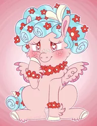 Size: 661x861 | Tagged: safe, artist:rain/jackie, derpibooru import, cozy glow, pegasus, pony, blushing, bracelet, cozybetes, cute, female, filly, flower, flower in hair, flower necklace, fluffy, heart eyes, image, jewelry, png, signature, solo, wingding eyes