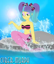 Size: 1936x2293 | Tagged: safe, artist:cyber-murph, derpibooru import, pixel pizazz, mermaid, equestria girls, background human, belly, belly button, blowing a kiss, bra, clothes, eyeshadow, female, hair ribbon, image, kissy face, makeup, mermaidized, midriff, ocean, one eye closed, pigtails, png, rock, seashell bra, signature, sitting, species swap, underwear, wave, wink