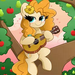 Size: 4062x4096 | Tagged: safe, artist:kittyrosie, derpibooru import, pear butter, earth pony, pony, apple, apple tree, blushing, cute, flower, flower in hair, food, guitar, heart, image, jpeg, musical instrument, pear tree, pearabetes, solo, tree