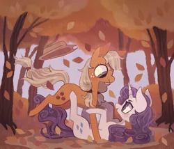 Size: 1280x1097 | Tagged: safe, artist:jademoona, derpibooru import, applejack, rarity, earth pony, pony, unicorn, applejack's hat, autumn, cowboy hat, cute, falling leaves, female, hat, horn, image, leaves, lesbian, looking at each other, mare, png, rarijack, shipping, tree