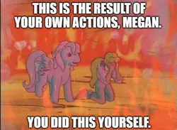 Size: 665x486 | Tagged: safe, derpibooru import, edit, edited screencap, screencap, megan williams, wind whistler, human, pony, my little pony 'n friends, the magic coins, caption, fire, g1, guilt, image, image macro, megan's fire, png, text