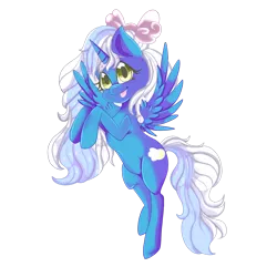 Size: 1024x1024 | Tagged: safe, artist:sakimiaji, derpibooru import, oc, oc:fleurbelle, unofficial characters only, alicorn, pony, alicorn oc, bow, female, hair bow, horn, image, legs in air, mare, png, simple background, solo, tongue out, transparent background, wingding eyes, wings, yellow eyes