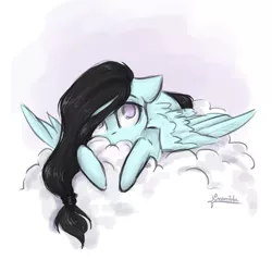 Size: 2362x2362 | Tagged: safe, artist:cvanilda, derpibooru import, oc, oc:sky secret, pegasus, pony, cloud, female, image, jpeg, mare, on a cloud, pegasus oc, signature, solo, wings