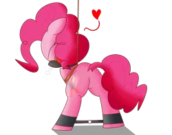 Size: 3000x2361 | Tagged: suggestive, artist:mr-degration, derpibooru import, pinkie pie, earth pony, pony, balloonbutt, blushing, bondage, butt, eyes closed, female, floating heart, gag, heart, image, muzzle, muzzle gag, png, rope, rope bondage, simple background, solo, solo female, spreader bar, sweat, tied up, transparent background, whip marks