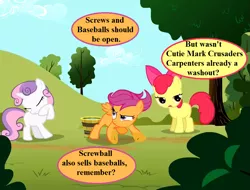 Size: 945x720 | Tagged: safe, derpibooru import, edit, edited screencap, screencap, apple bloom, scootaloo, sweetie belle, the cutie mark chronicles, bow, bucket, cropped, dialogue, headcanon, image, implied screwball, mane bow, png, speech bubble, tree, water