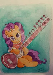 Size: 637x893 | Tagged: safe, artist:daisymane, derpibooru import, saffron masala, pony, unicorn, ear piercing, earring, female, gradient background, hoof hold, image, jewelry, jpeg, looking at you, mare, musical instrument, piercing, sitar, solo, traditional art, watercolor painting