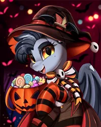 Size: 2550x3209 | Tagged: safe, artist:pridark, derpibooru import, part of a set, oc, oc:noveske, unofficial characters only, bat pony, pony, bat pony oc, bat wings, candy, clothes, commission, female, food, halloween, hat, high res, holiday, image, jack-o-lantern, mare, open mouth, png, pumpkin, socks, solo, striped socks, wings, witch hat, ych result