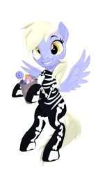 Size: 1080x1920 | Tagged: safe, artist:owlpirate, derpibooru import, derpy hooves, pegasus, pony, 3d, candy, clothes, costume, female, food, halloween, halloween costume, holiday, image, mare, png, sfm pony, simple background, skeleton costume, solo, source filmmaker, transparent background