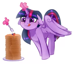 Size: 2881x2519 | Tagged: safe, artist:vetta, derpibooru import, twilight sparkle, twilight sparkle (alicorn), alicorn, pony, berry, blushing, cute, daaaaaaaaaaaw, eyes on the prize, female, floppy ears, food, fork, high res, hungry, image, levitation, licking, licking lips, magic, pancakes, png, simple background, smiling, solo, spread wings, syrup, telekinesis, that pony sure does love pancakes, tongue out, twiabetes, white background, wing fluff, wings