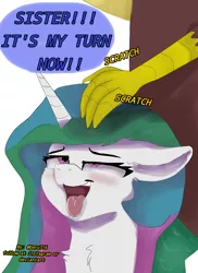 Size: 1424x1959 | Tagged: safe, artist:daru716, derpibooru import, discord, princess celestia, alicorn, pony, ahegao, faic, floppy ears, head scratch, image, implied princess luna, offscreen character, open mouth, png, scratching, tongue out