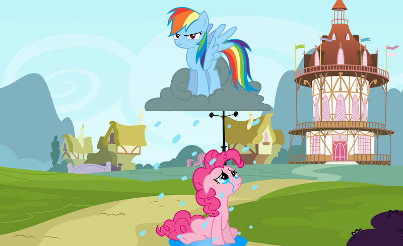 Size: 1144x699 | Tagged: safe, artist:estories, artist:istilllikegamecubes, artist:pinkiebuser, derpibooru import, edit, vector edit, pinkie pie, rainbow dash, earth pony, pegasus, pony, abuse, angry, cloud, crying, female, go to sleep svengallop, image, mare, pinkiebuse, png, ponyville, rain, raincloud, vector