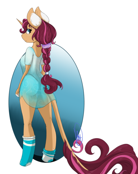 Size: 3000x3783 | Tagged: suggestive, alternate version, artist:daniefox, derpibooru import, oc, oc:breezie knoll, unofficial characters only, anthro, unicorn, breasts, clothes, dress, female, image, png, see-through, simple background, socks, solo, solo female, transparent background