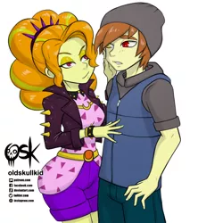 Size: 1334x1500 | Tagged: safe, artist:oldskullkid, derpibooru import, adagio dazzle, oc, equestria girls, adagio dat-azzle, bracelet, cameltoe, canon x oc, clothes, commission, female, heterochromia, image, jpeg, male, shipping, simple background, smiling, smirk, spiked wristband, straight, vest, white background, wristband
