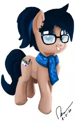 Size: 1600x2560 | Tagged: safe, artist:raphaeldavid, derpibooru import, oc, oc:crescend cinnamon, unofficial characters only, earth pony, pony, clothes, glasses, grin, image, png, ponytail, scarf, simple background, smiling, solo, white background