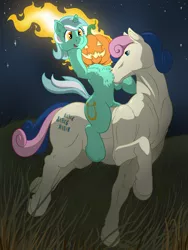 Size: 2448x3264 | Tagged: safe, artist:wispy tuft, derpibooru import, bon bon, lyra heartstrings, sweetie drops, dullahan, earth pony, headless horse, horse, pony, unicorn, chest fluff, disembodied head, female, halloween, headless, headless horseman, headless mare, hoers, holiday, i can tell by the pixels, image, jack-o-lantern, lesbian, lyra riding bon bon, lyrabon, muscles, nightmare night, not salmon, png, ponies riding horses, pretty mare, pumpkin, pumpkin head, riding, shipping, shitposting, story included, wat