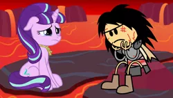 Size: 1280x720 | Tagged: semi-grimdark, artist:knightoftheraven, derpibooru import, starlight glimmer, human, pony, unicorn, alternate ending, annoyed, blood, colored, crying, dark comedy, duo, female, flat colors, floppy ears, hands on knees, hell, image, implied execution, implied hanging, inkscape, lava, lavafall, mare, miko miyazaki, png, s5 starlight, sad, show accurate, spoilers for another series, textless, the order of the stick, unamused, vector, wallpaper