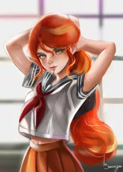 Size: 858x1200 | Tagged: safe, artist:bunsogen, derpibooru import, edit, sunset shimmer, human, arm behind head, belly button, clothes, humanized, image, jpeg, mouth hold, school uniform, trace, uniform