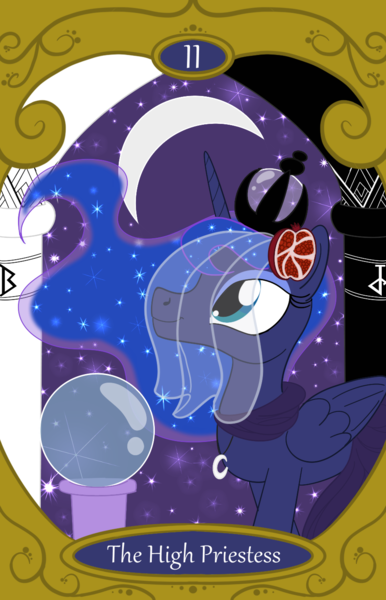 Size: 900x1400 | Tagged: safe, artist:sixes&sevens, derpibooru import, princess luna, crescent moon, crystal ball, food, image, moon, png, pomegranate, tarot card, the high priestess, veil