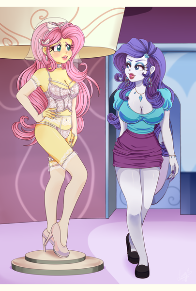 Size: 2900x4300 | Tagged: suggestive, artist:lucy-tan, derpibooru import, fluttershy, rarity, equestria girls, alternate hairstyle, belly button, big breasts, blushing, bracelet, breasts, busty fluttershy, busty rarity, choker, cleavage, clothes, commission, corset, ear piercing, earring, eyeshadow, female, flarity, grin, high heels, image, jewelry, lesbian, lingerie, lipstick, makeup, modeling, nail polish, necklace, open mouth, panties, piercing, png, sexy, shipping, shirt, shoes, skirt, smiling, socks, stockings, stupid sexy fluttershy, stupid sexy rarity, thigh highs, underwear