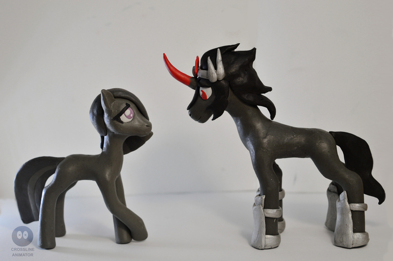 Size: 1024x681 | Tagged: safe, artist:crosslineanimator, derpibooru import, king sombra, marble pie, clay, figure, image, jpeg, looking at each other, marblesombra, plasticine, shipping