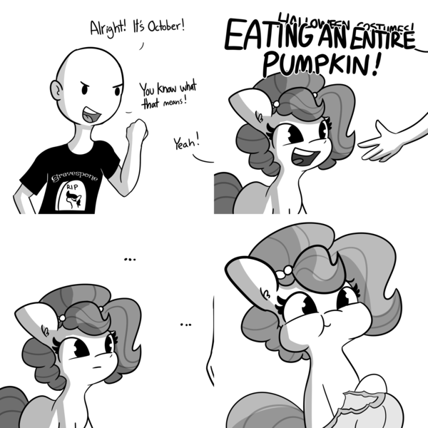 Size: 6000x6000 | Tagged: safe, artist:tjpones, derpibooru import, oc, oc:brownie bun, oc:richard, unofficial characters only, earth pony, human, pony, horse wife, ..., comic, cute, dialogue, eating, female, grayscale, halloween, herbivore, holiday, horses doing horse things, image, mare, monochrome, ocbetes, october, png, puffy cheeks, pumpkin, simple background, white background