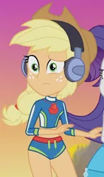 Size: 924x1571 | Tagged: safe, derpibooru import, screencap, applejack, rarity, equestria girls, equestria girls series, lost and found, applejack's beach shorts swimsuit, beach shorts swimsuit, bikini, clothes, cropped, female, geode of super strength, headphones, image, magical geodes, png, solo focus, swimsuit