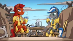 Size: 2560x1440 | Tagged: safe, artist:mysticalpha, derpibooru import, oc, oc:captain sunride, oc:cloud zapper, unofficial characters only, pegasus, pony, armor, barbed wire, cup, food, image, male, pegasus oc, png, royal guard, royal guard armor, shield, stallion, sword, table, tea, teacup, weapon, wings