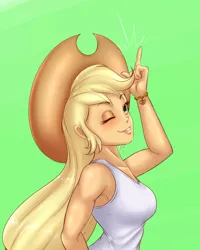 Size: 2000x2500 | Tagged: safe, artist:albertbm, derpibooru import, applejack, equestria girls, adorasexy, bracelet, breasts, busty applejack, clothes, cowboy hat, cute, female, freckles, green background, hat, high res, image, implied lesbian, implied rarijack, implied shipping, jewelry, jpeg, one eye closed, sexy, simple background, smiling, solo, stetson, tanktop, wink